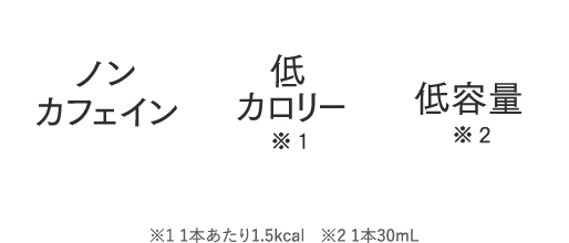 ノンカフェイン低カロリー※ 1低容量※ 2※1 1本あたり1.5kcal※2 1本30mL